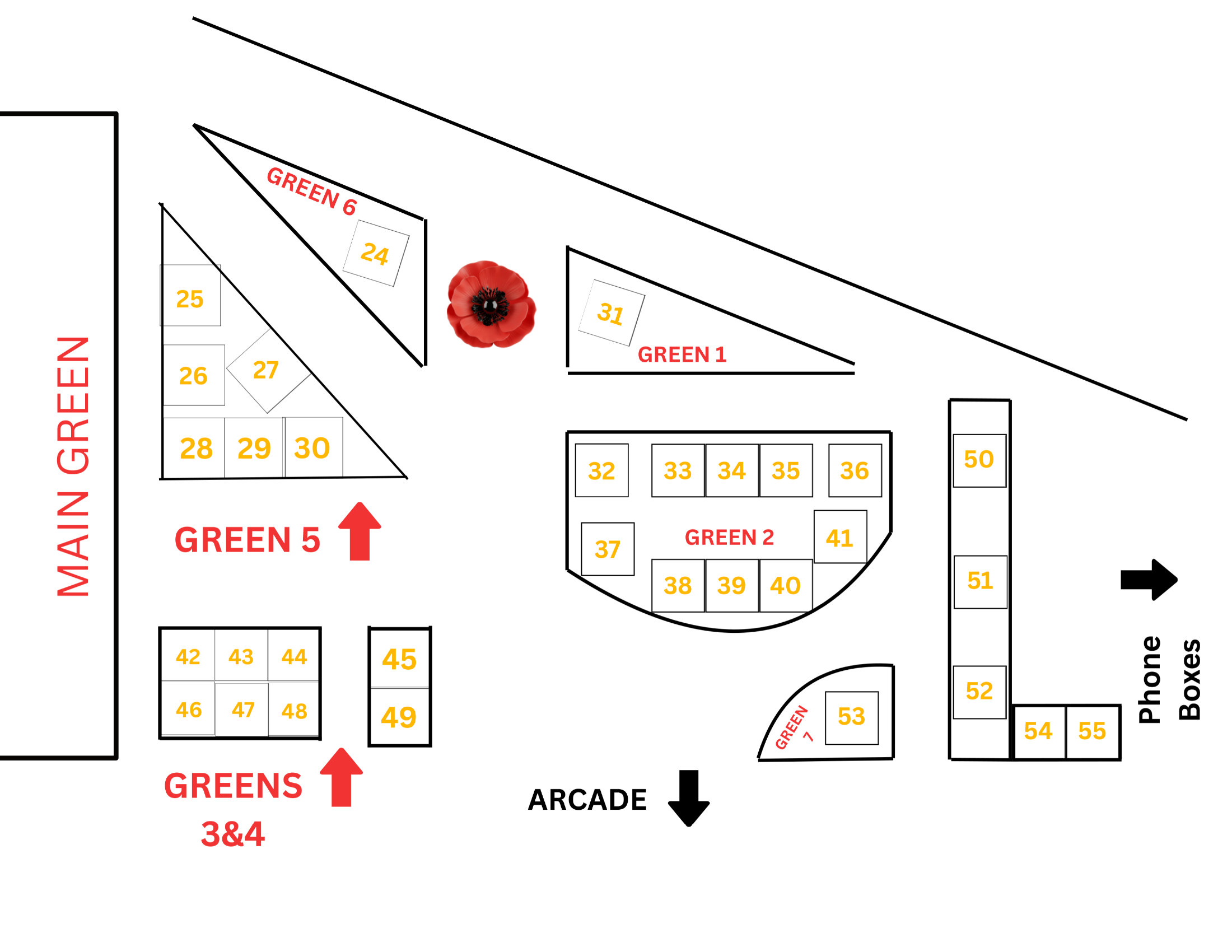 Site plan showing stalls 24 to 55 across Greens 1, 2, 3, 4, 5, 6 and 7