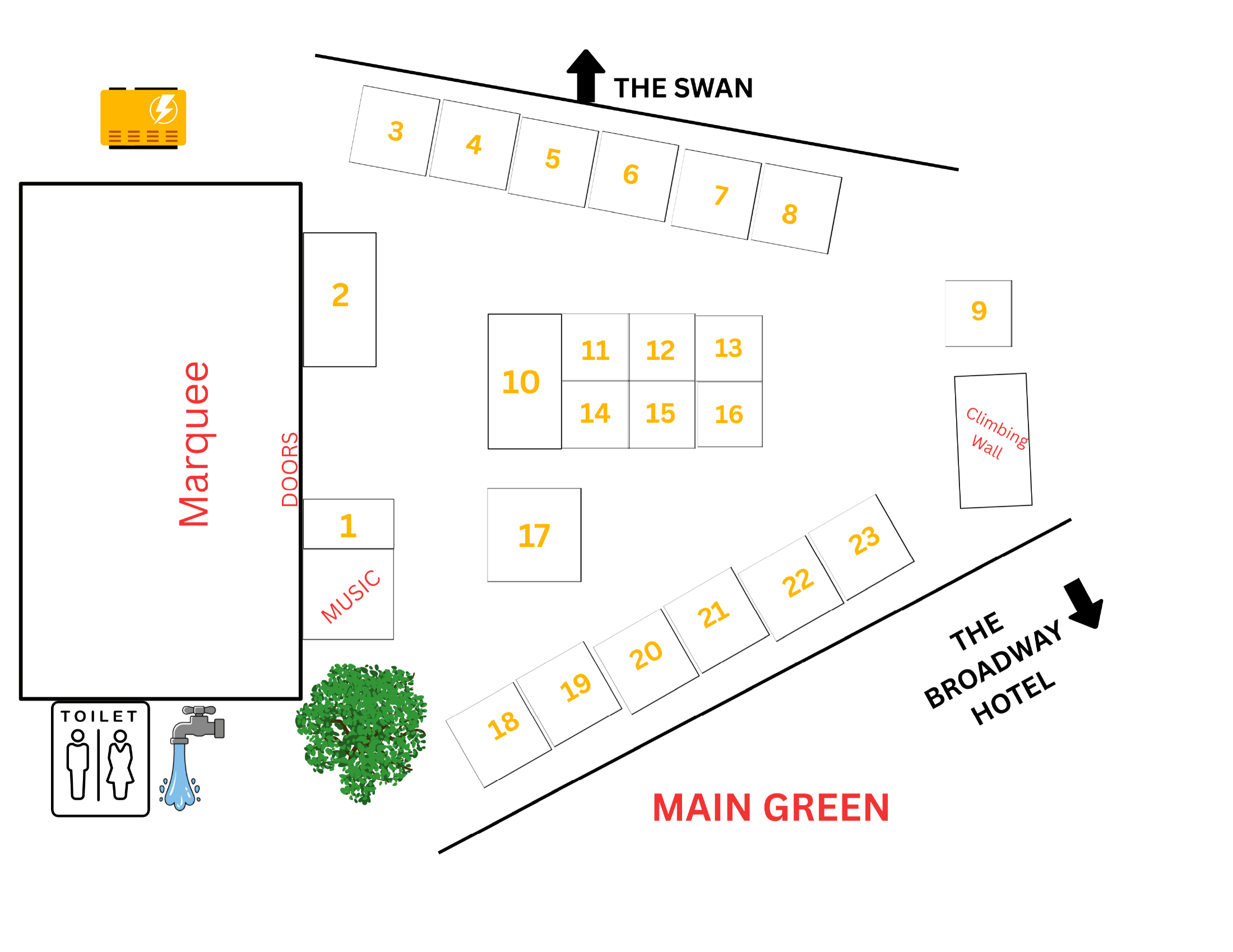 Site plan showing the Marquee, toilets, water point and stalls 1 to 23 around the Main Green